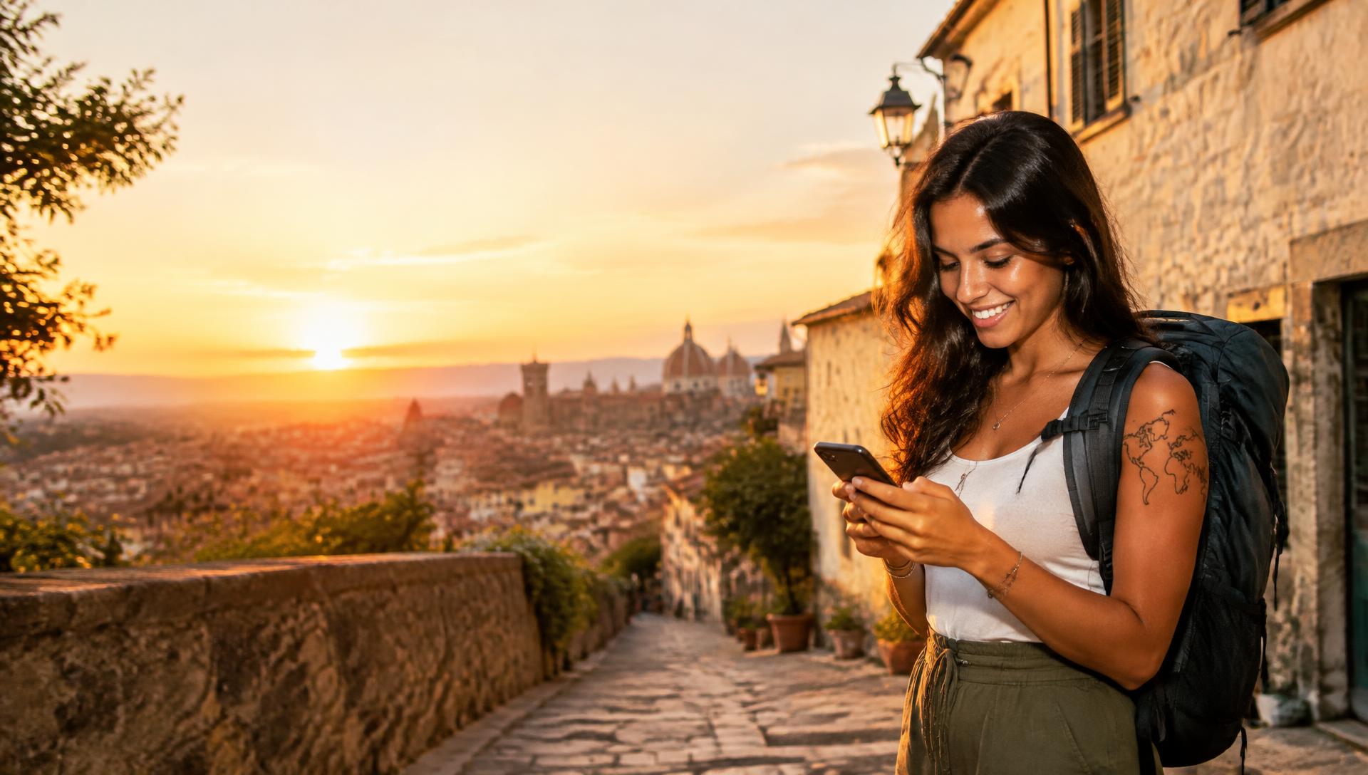 Viajante sorrindo enquanto usa o celular em uma rua histórica no exterior